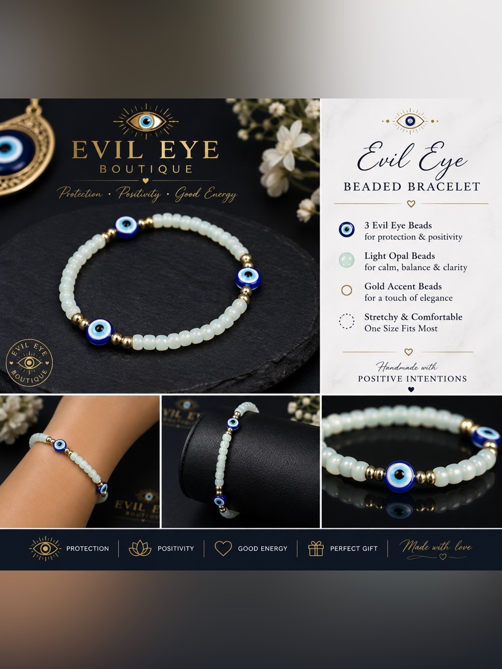 Light Opal Beaded Bracelet with Gold Accents #59